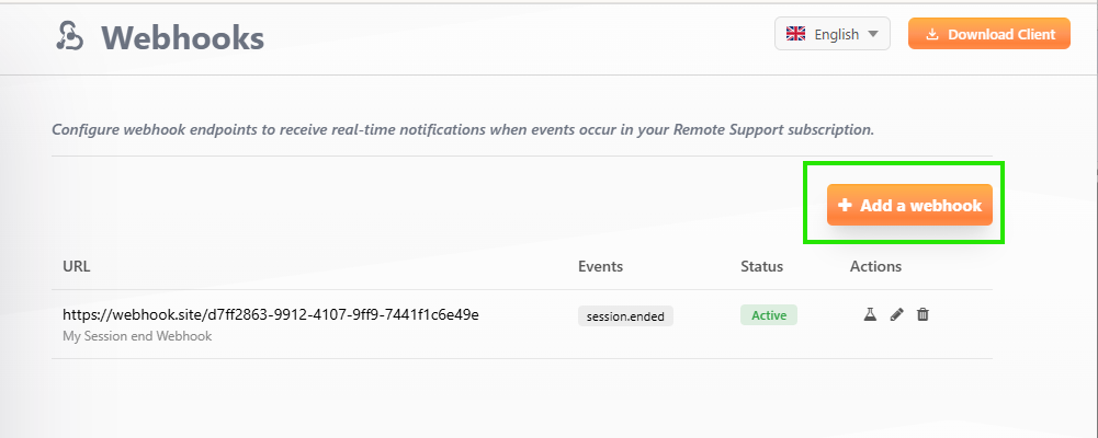 Webhooks list with the Add a webhook button